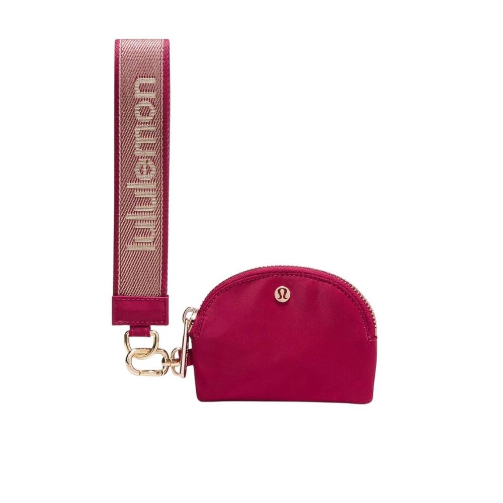 NWT Lululemon Dual Pouch Wristlet Wallet Berry Rumble Pink Metallic Wordmark - Picture 2 of 4
